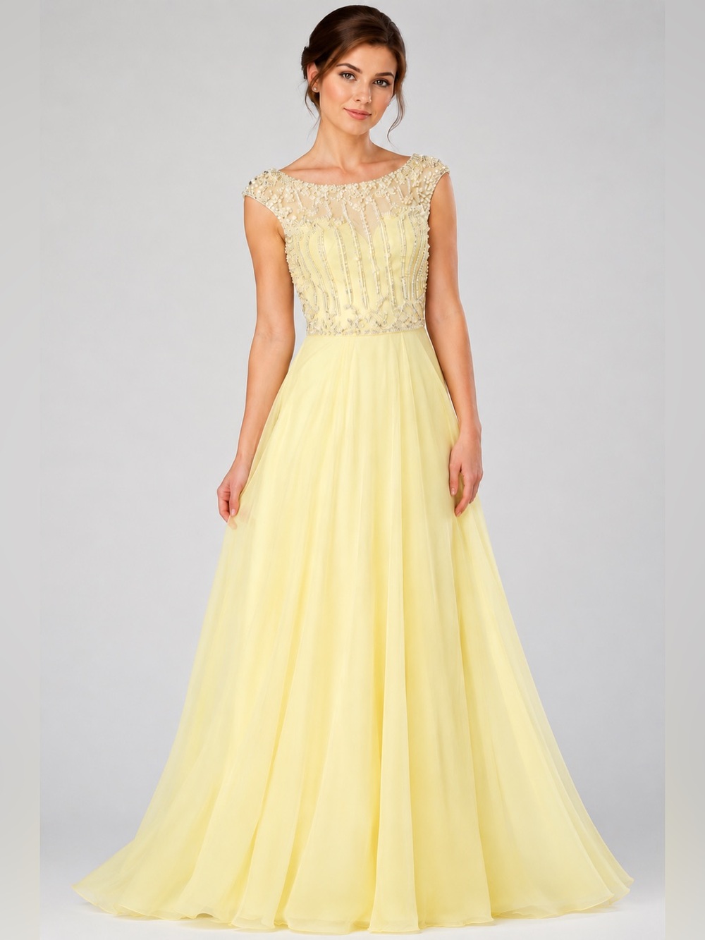 Sherri Hill Butter Yellow Beaded Cap-Sleeve Dress